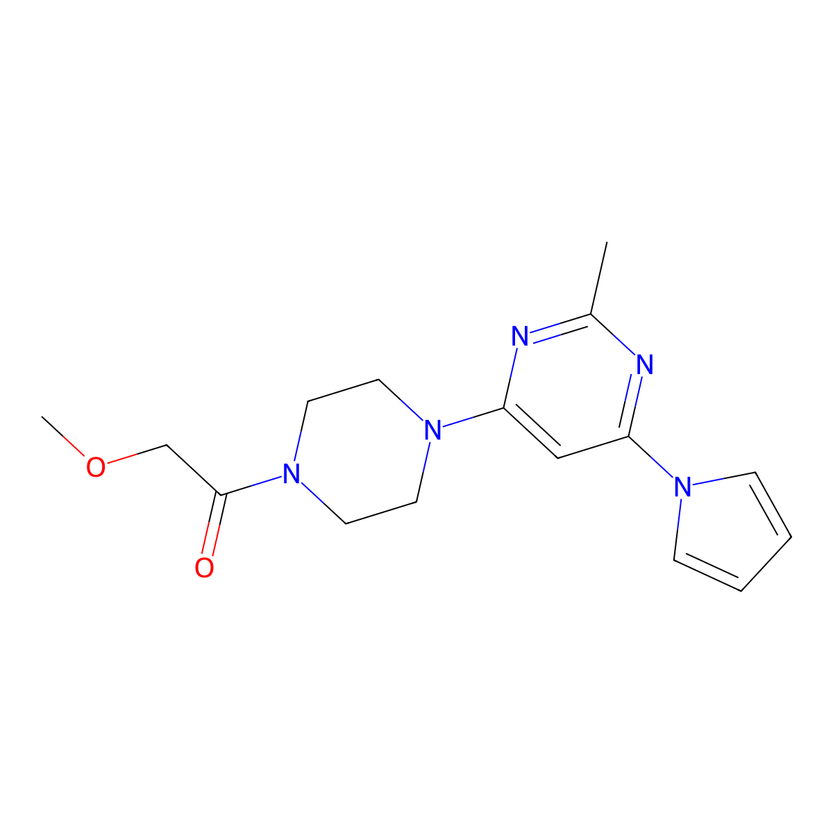 2-methoxy-1-(4-(2-methyl-6-(1H-pyrrol-1-yl)pyrimidin-4-yl)piperazin-1-yl)ethanone molecular structure, CAS 1421476-30-3