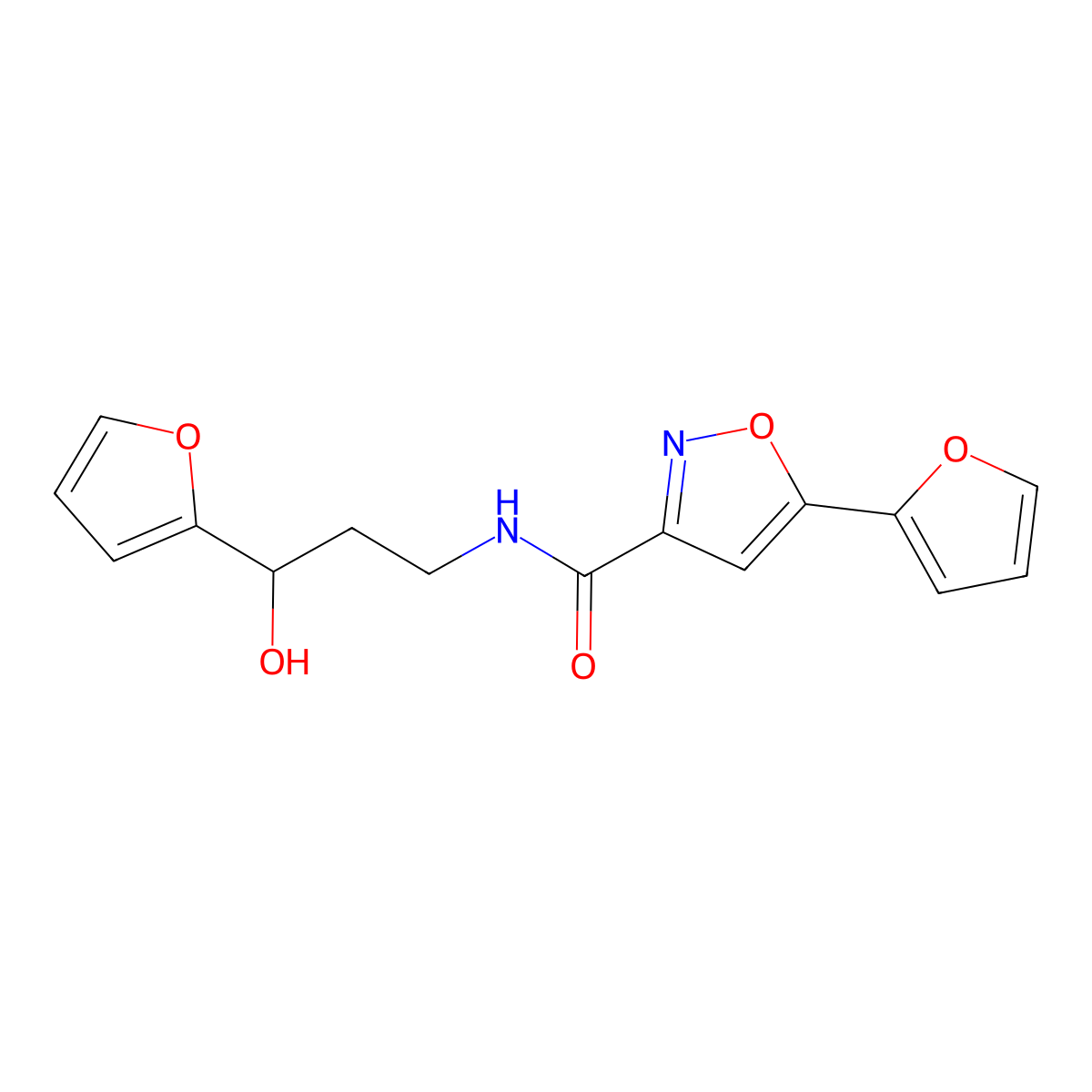 5-(furan-2-yl)-N-(3-(furan-2-yl)-3-hydroxypropyl)isoxazole-3-carboxamide molecular structure, CAS 1421476-33-6