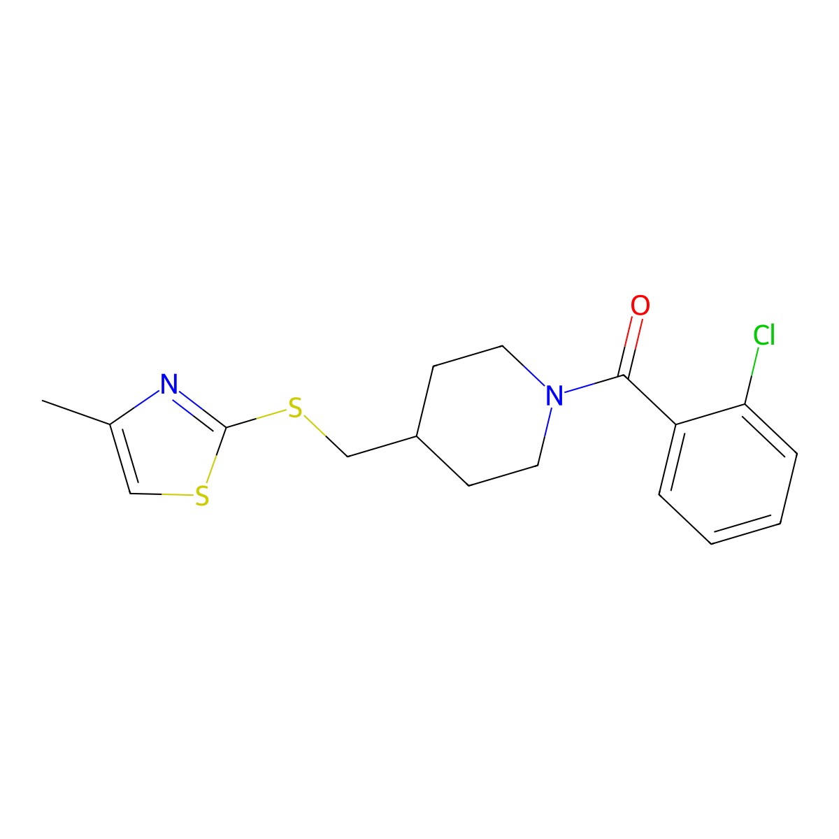 (2-Chlorophenyl)(4-(((4-methylthiazol-2-yl)thio)methyl)piperidin-1-yl)methanone molecular structure, CAS 1421476-35-8