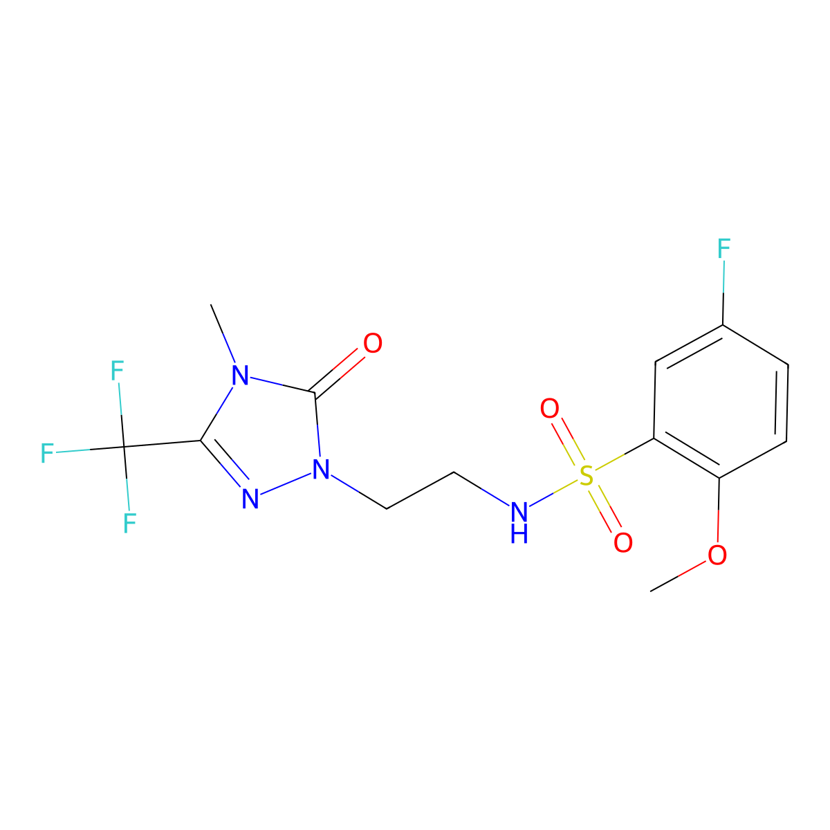 5-fluoro-2-methoxy-N-(2-(4-methyl-5-oxo-3-(trifluoromethyl)-4,5-dihydro-1H-1,2,4-triazol-1-yl)ethyl)benzenesulfonamide molecular structure, CAS 1421476-37-0