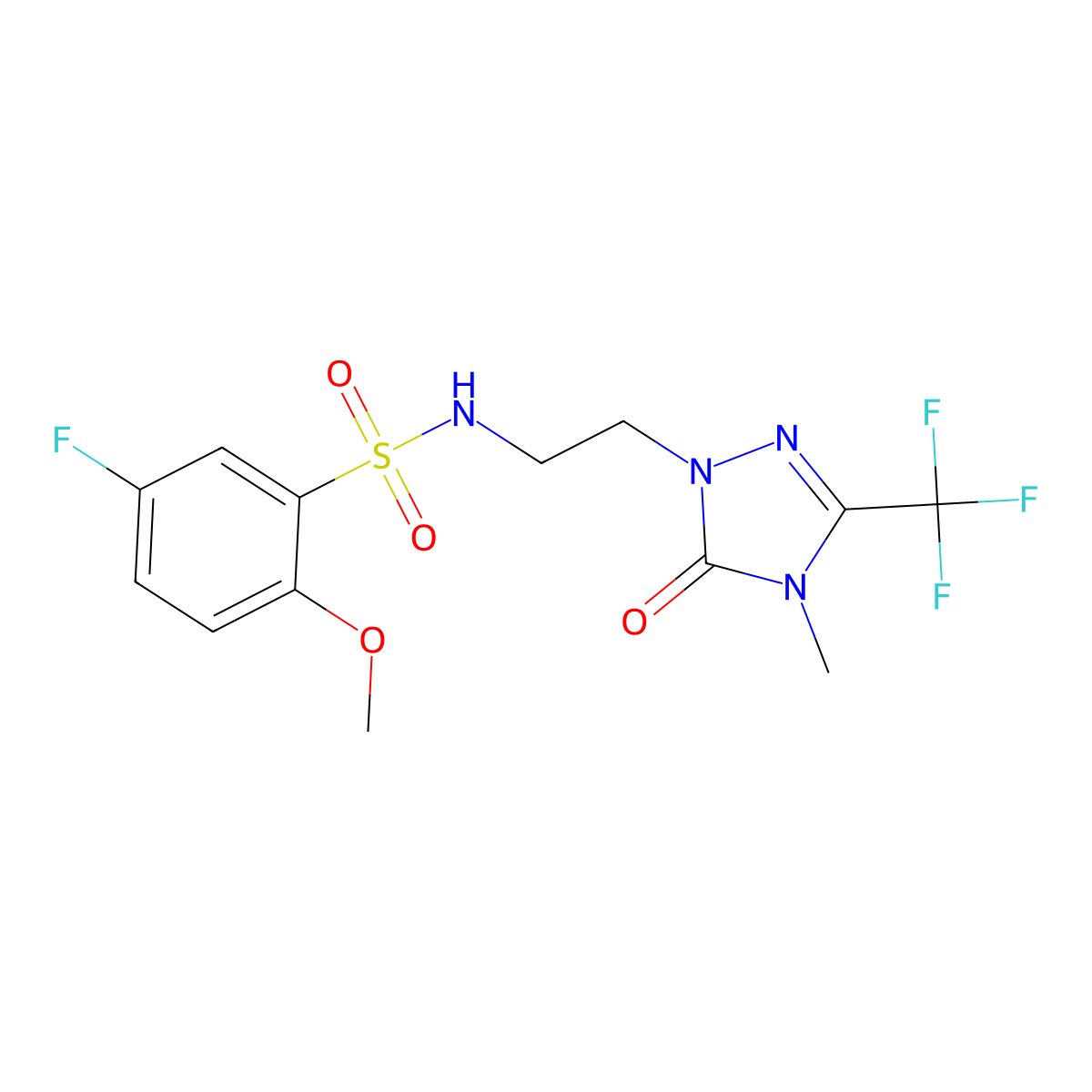 5-fluoro-2-methoxy-N-(2-(4-methyl-5-oxo-3-(trifluoromethyl)-4,5-dihydro-1H-1,2,4-triazol-1-yl)ethyl)benzenesulfonamide molecular structure, CAS 1421476-37-0