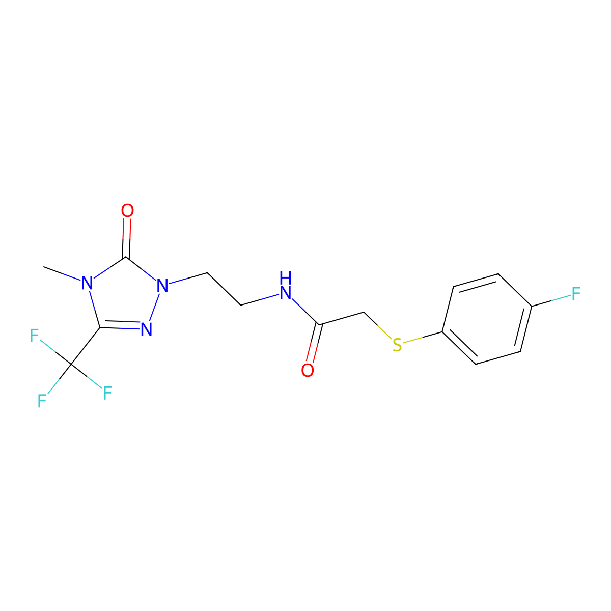 2-((4-fluorophenyl)thio)-N-(2-(4-methyl-5-oxo-3-(trifluoromethyl)-4,5-dihydro-1H-1,2,4-triazol-1-yl)ethyl)acetamide molecular structure, CAS 1421476-40-5