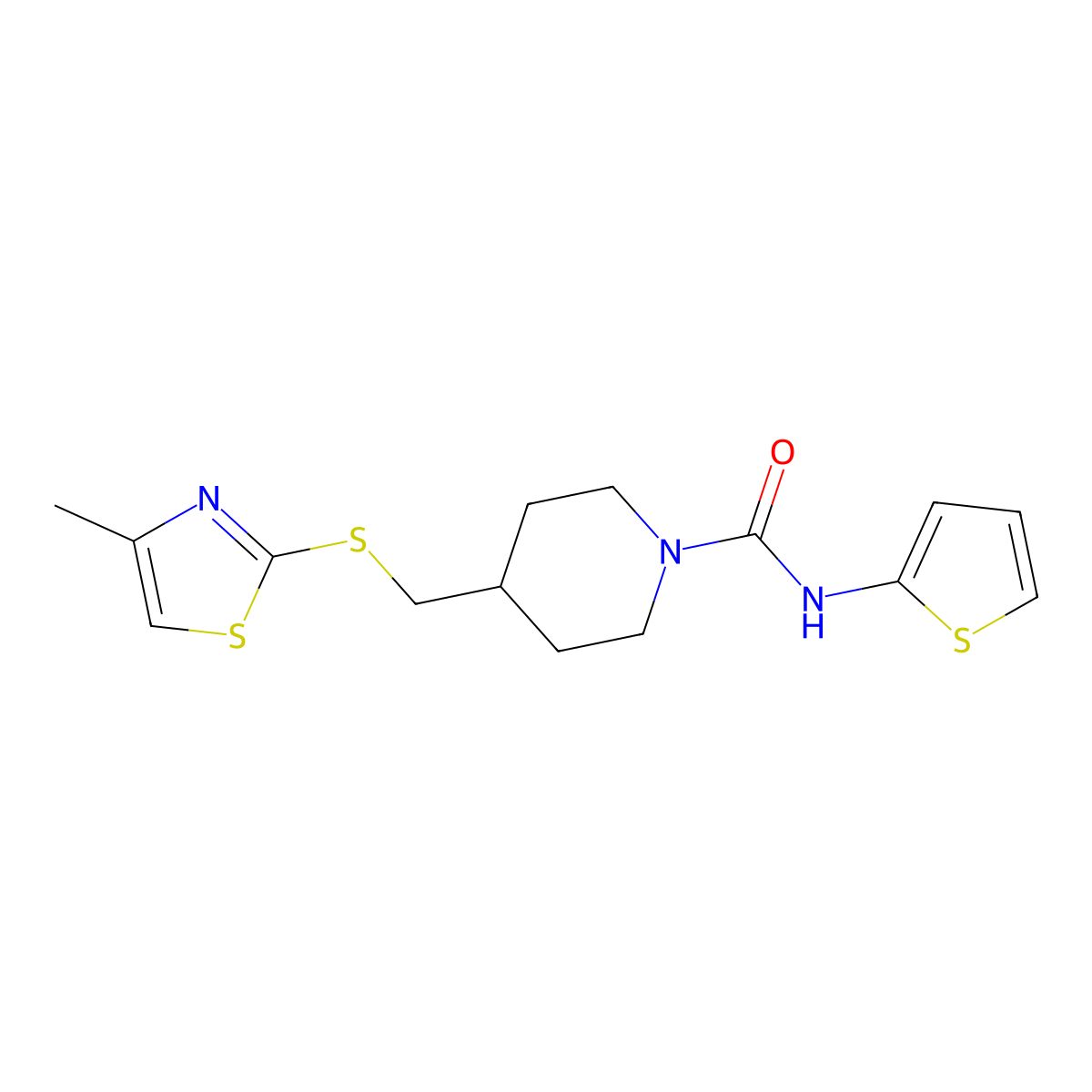 4-(((4-methylthiazol-2-yl)thio)methyl)-N-(thiophen-2-yl)piperidine-1-carboxamide molecular structure, CAS 1421476-43-8
