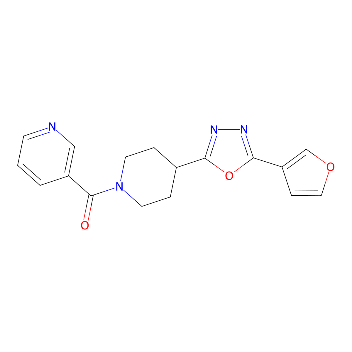 (4-(5-(Furan-3-yl)-1,3,4-oxadiazol-2-yl)piperidin-1-yl)(pyridin-3-yl)methanone molecular structure, CAS 1421476-52-9