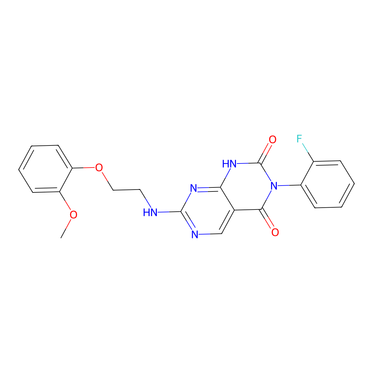 3-(2-fluorophenyl)-7-((2-(2-methoxyphenoxy)ethyl)amino)pyrimido[4,5-d]pyrimidine-2,4(1H,3H)-dione molecular structure, CAS 1421476-70-1