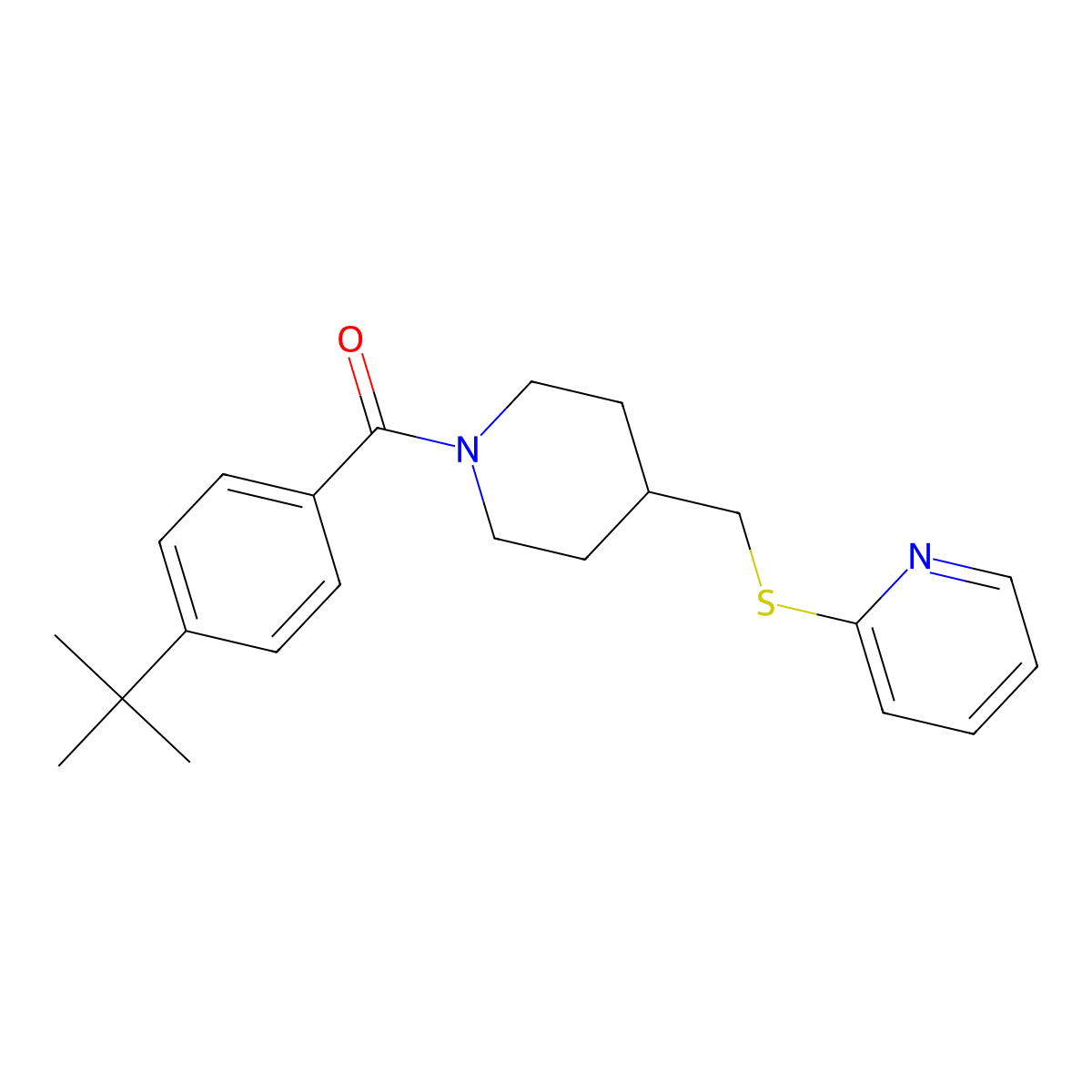 (4-(Tert-butyl)phenyl)(4-((pyridin-2-ylthio)methyl)piperidin-1-yl)methanone molecular structure, CAS 1421476-72-3