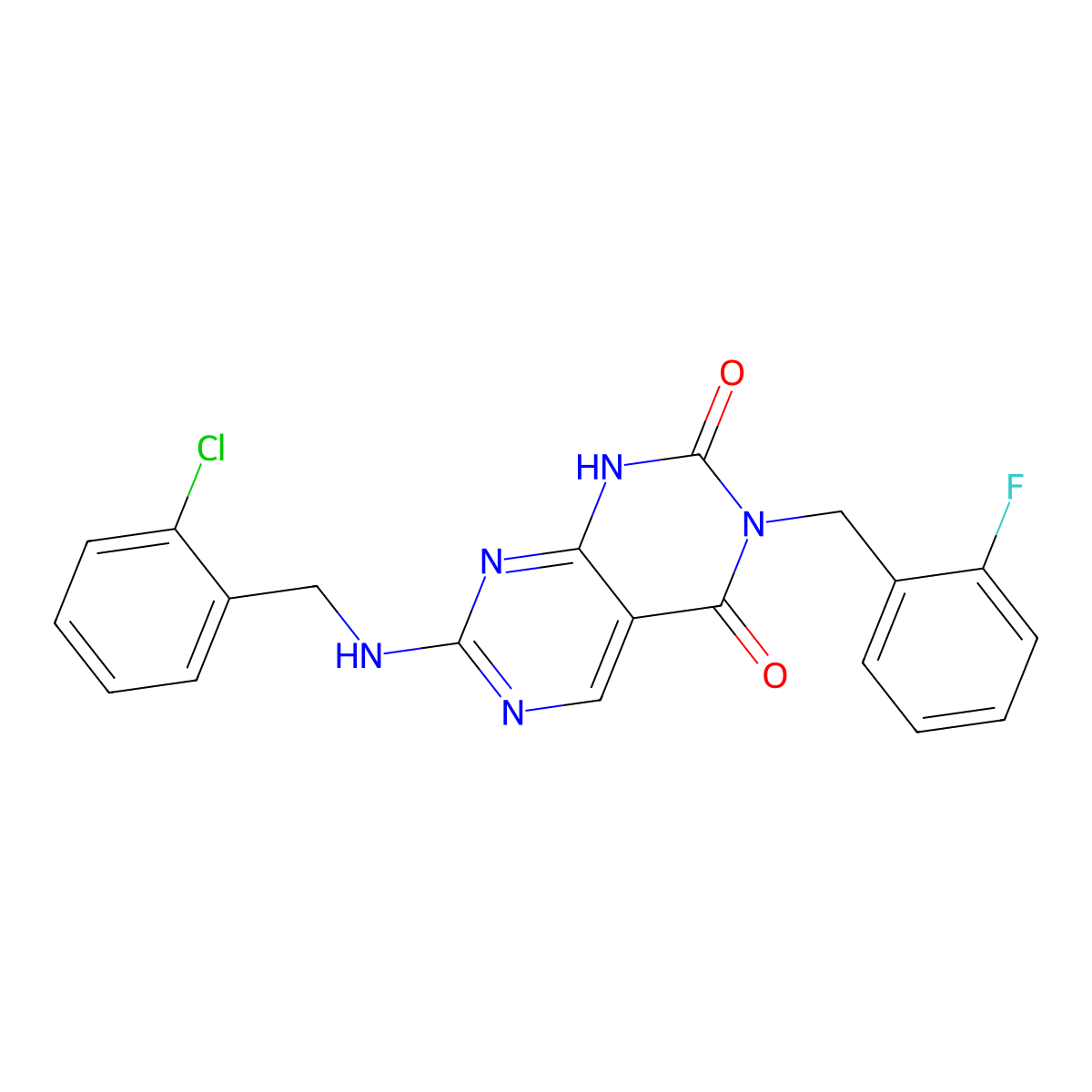 7-((2-chlorobenzyl)amino)-3-(2-fluorobenzyl)pyrimido[4,5-d]pyrimidine-2,4(1H,3H)-dione molecular structure, CAS 1421476-83-6