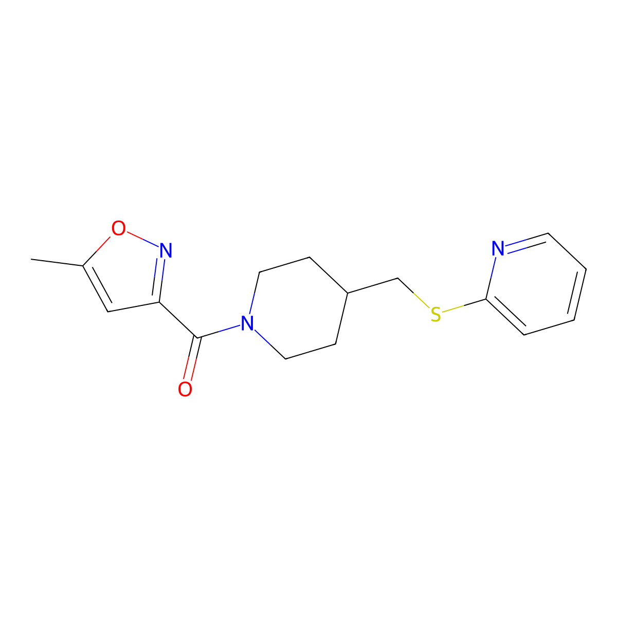 (5-Methylisoxazol-3-yl)(4-((pyridin-2-ylthio)methyl)piperidin-1-yl)methanone molecular structure, CAS 1421476-98-3
