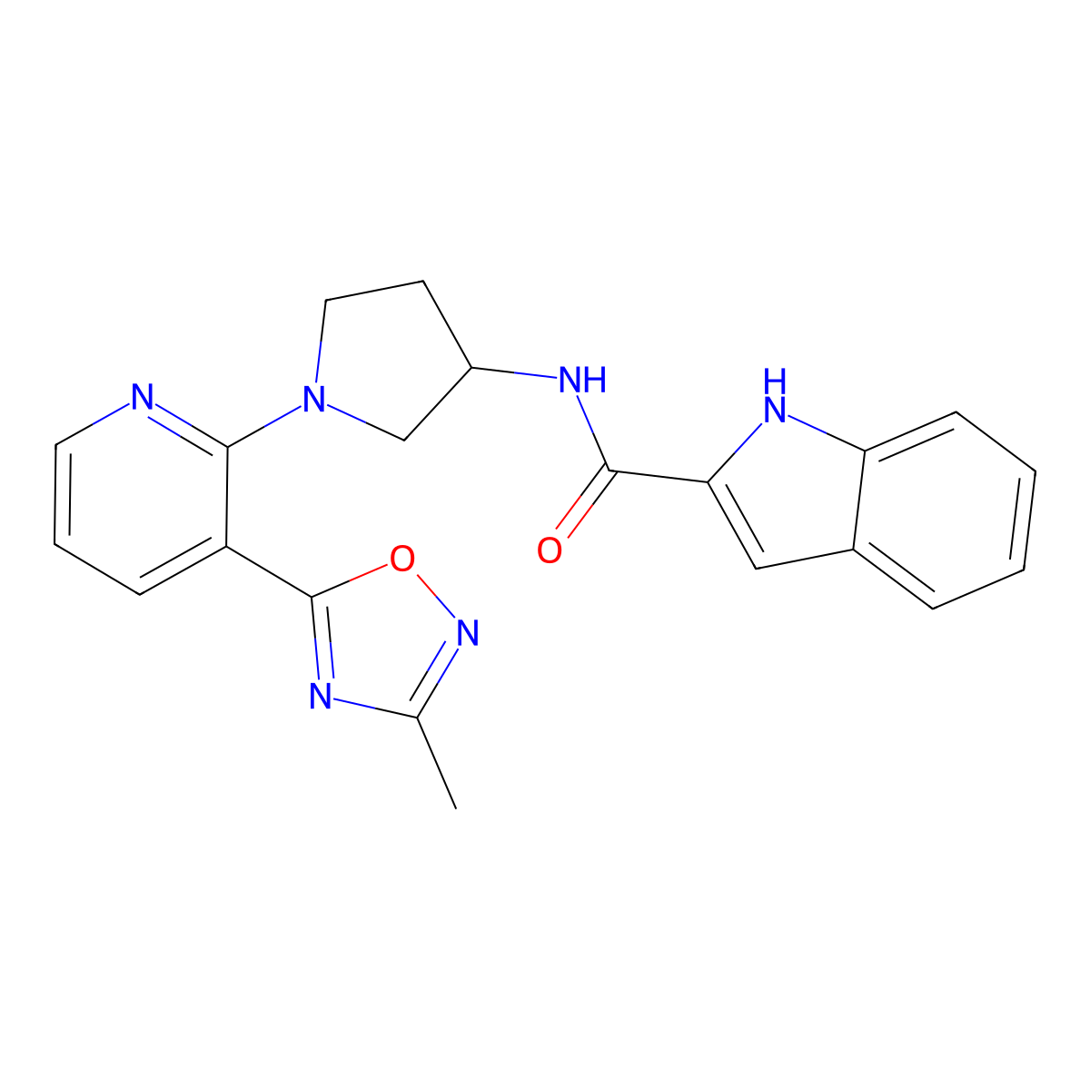 N-(1-(3-(3-methyl-1,2,4-oxadiazol-5-yl)pyridin-2-yl)pyrrolidin-3-yl)-1H-indole-2-carboxamide molecular structure, CAS 1421477-01-1
