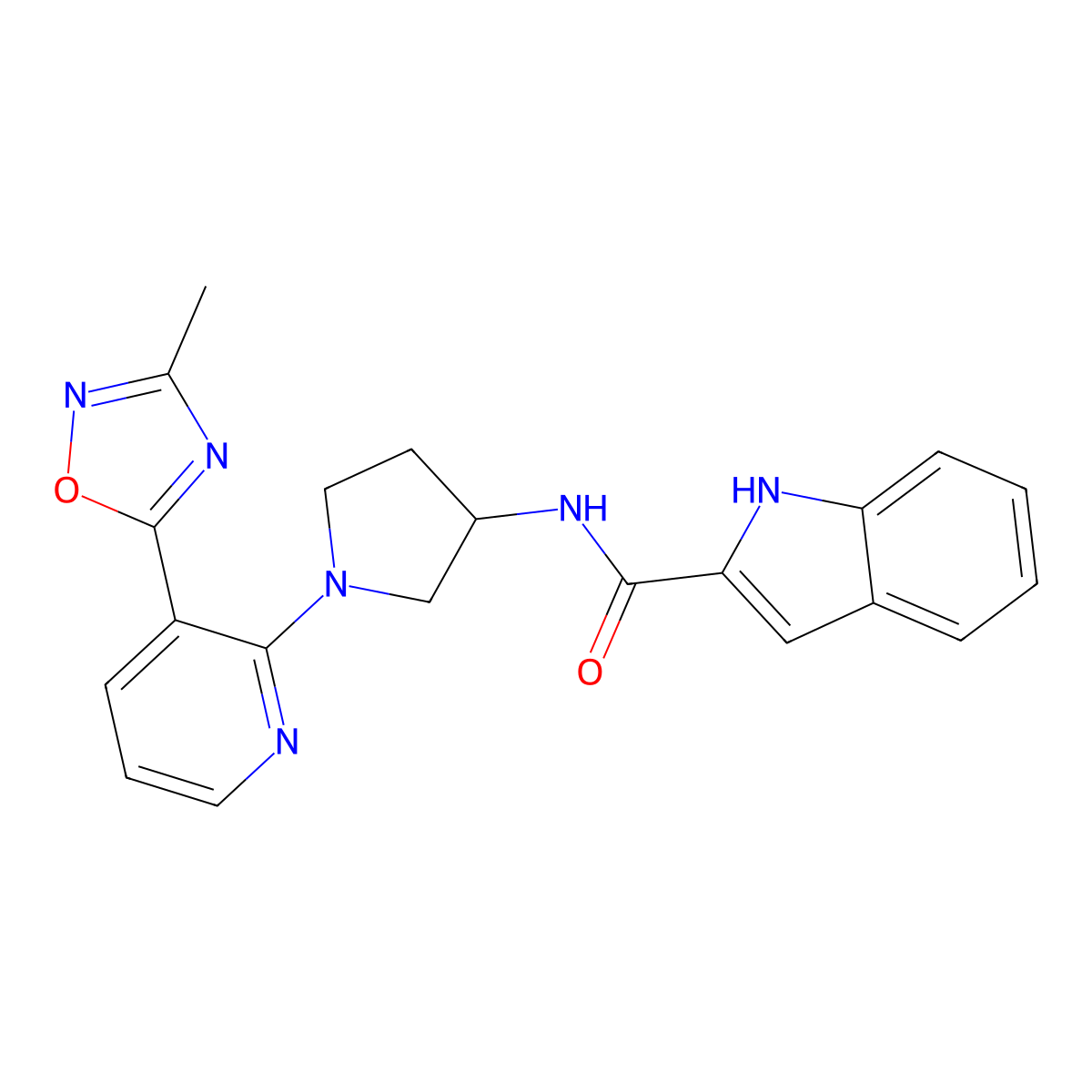 N-(1-(3-(3-methyl-1,2,4-oxadiazol-5-yl)pyridin-2-yl)pyrrolidin-3-yl)-1H-indole-2-carboxamide molecular structure, CAS 1421477-01-1