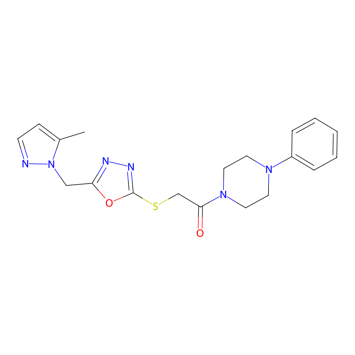 2-((5-((5-methyl-1H-pyrazol-1-yl)methyl)-1,3,4-oxadiazol-2-yl)thio)-1-(4-phenylpiperazin-1-yl)ethanone molecular structure, CAS 1421477-04-4