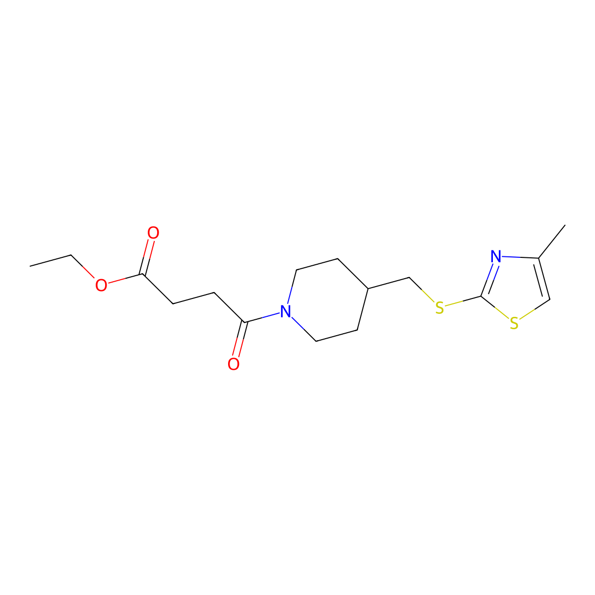 Ethyl 4-(4-(((4-methylthiazol-2-yl)thio)methyl)piperidin-1-yl)-4-oxobutanoate molecular structure, CAS 1421477-14-6