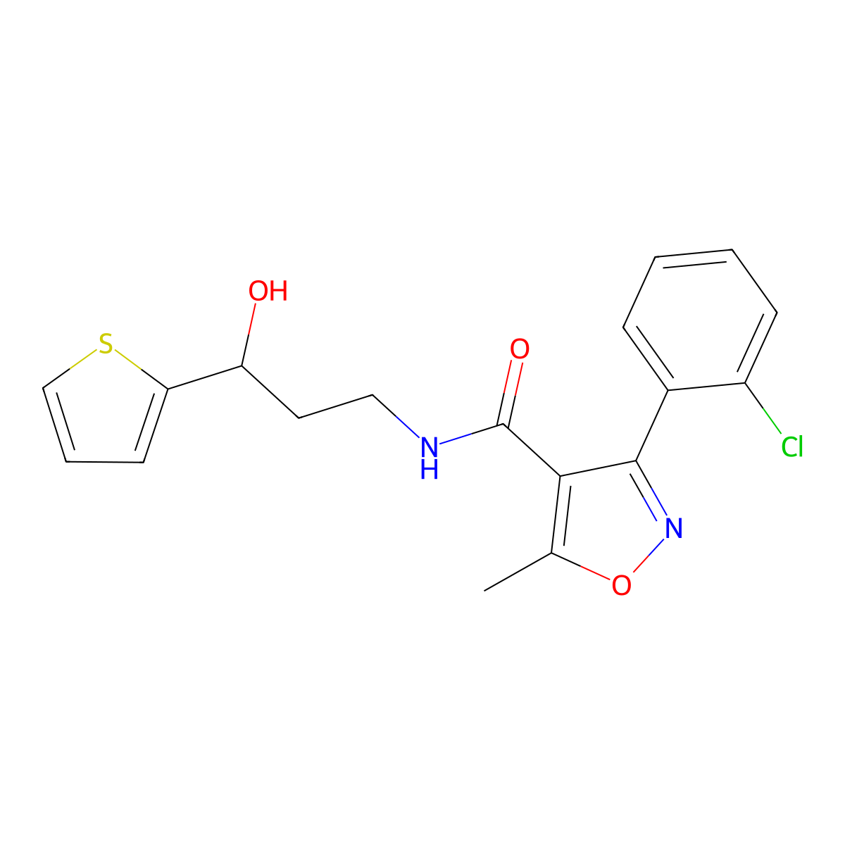 3-(2-chlorophenyl)-N-(3-hydroxy-3-(thiophen-2-yl)propyl)-5-methylisoxazole-4-carboxamide molecular structure, CAS 1421477-17-9
