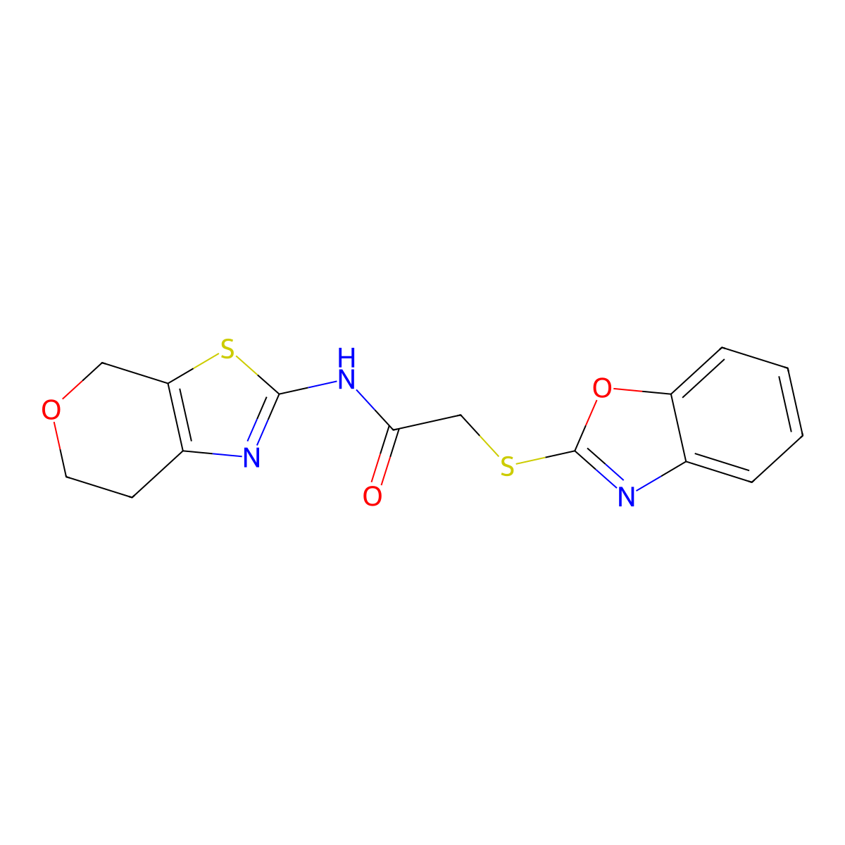 2-(benzo[d]oxazol-2-ylthio)-N-(6,7-dihydro-4H-pyrano[4,3-d]thiazol-2-yl)acetamide molecular structure, CAS 1421477-24-8