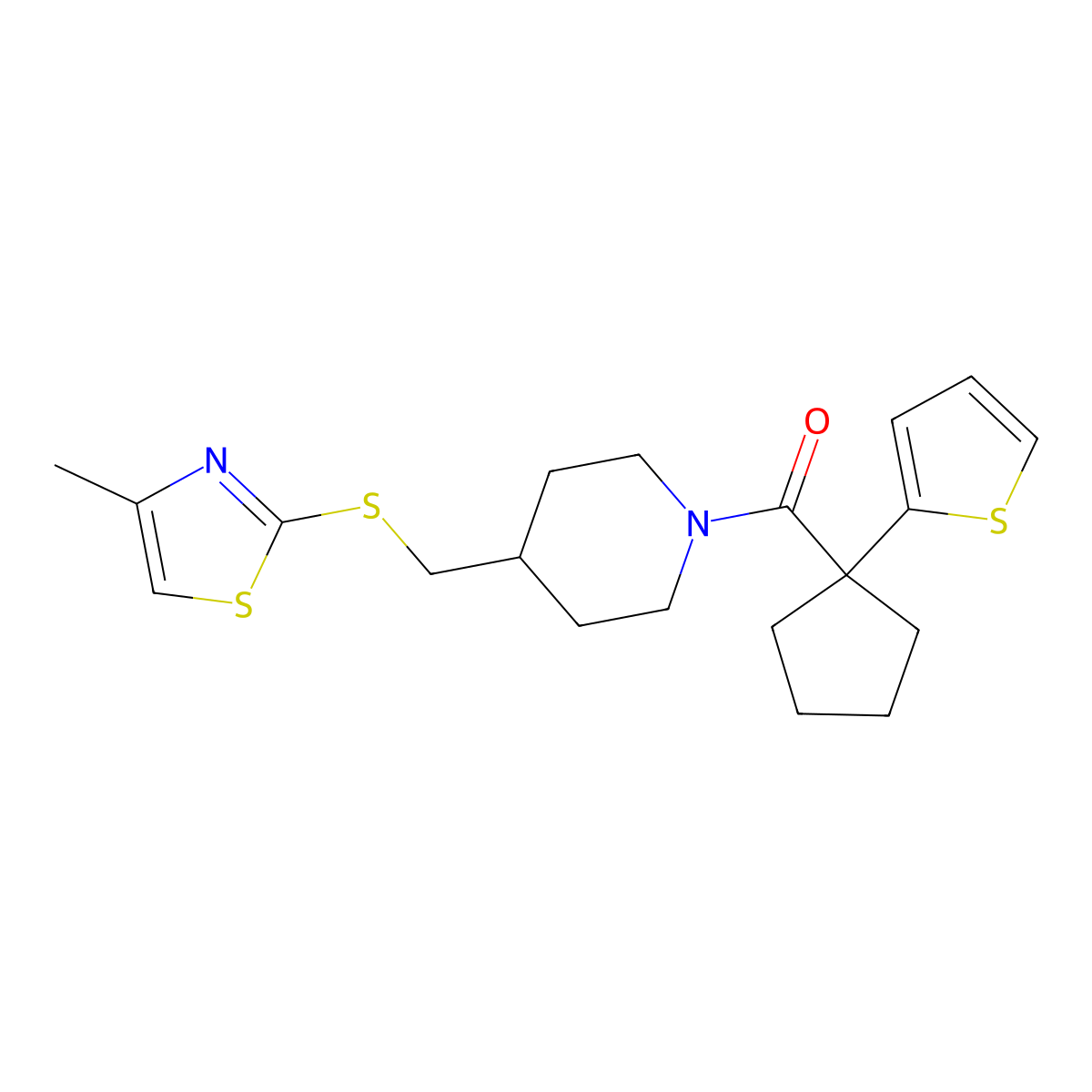 (4-(((4-Methylthiazol-2-yl)thio)methyl)piperidin-1-yl)(1-(thiophen-2-yl)cyclopentyl)methanone molecular structure, CAS 1421477-28-2