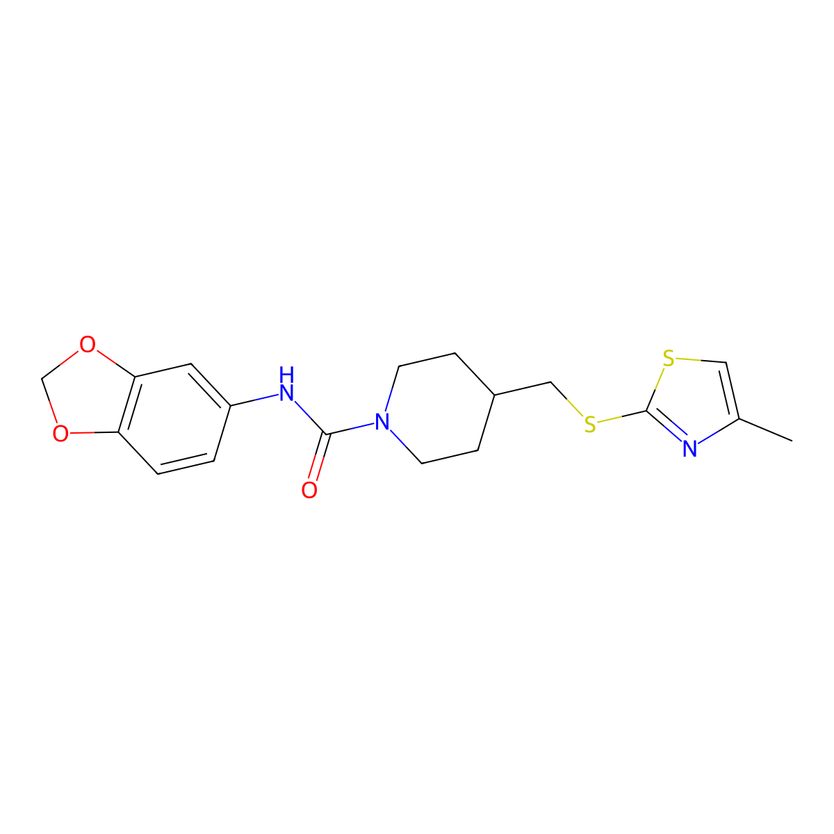 N-(benzo[d][1,3]dioxol-5-yl)-4-(((4-methylthiazol-2-yl)thio)methyl)piperidine-1-carboxamide molecular structure, CAS 1421477-37-3