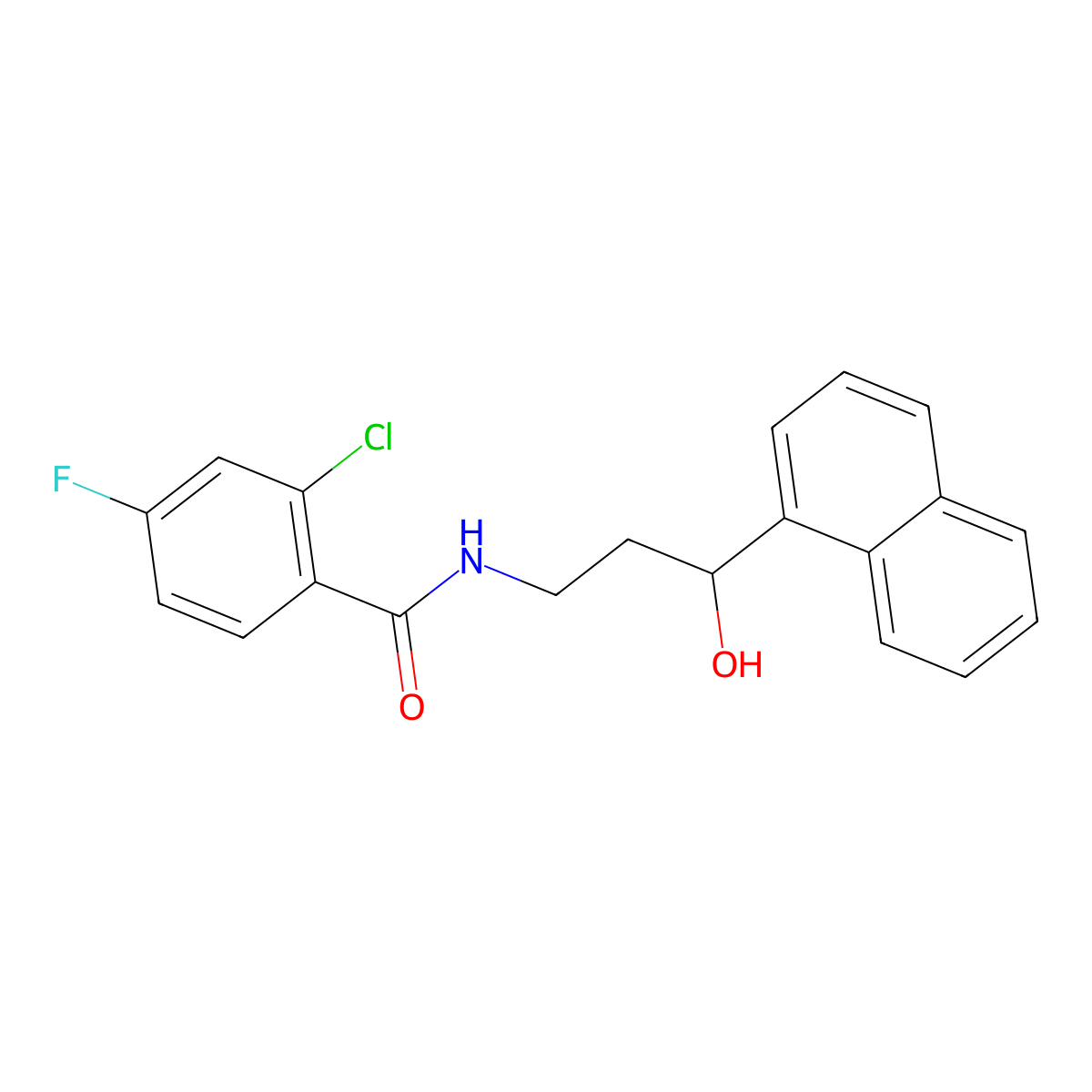 2-chloro-4-fluoro-N-(3-hydroxy-3-(naphthalen-1-yl)propyl)benzamide molecular structure, CAS 1421477-42-0