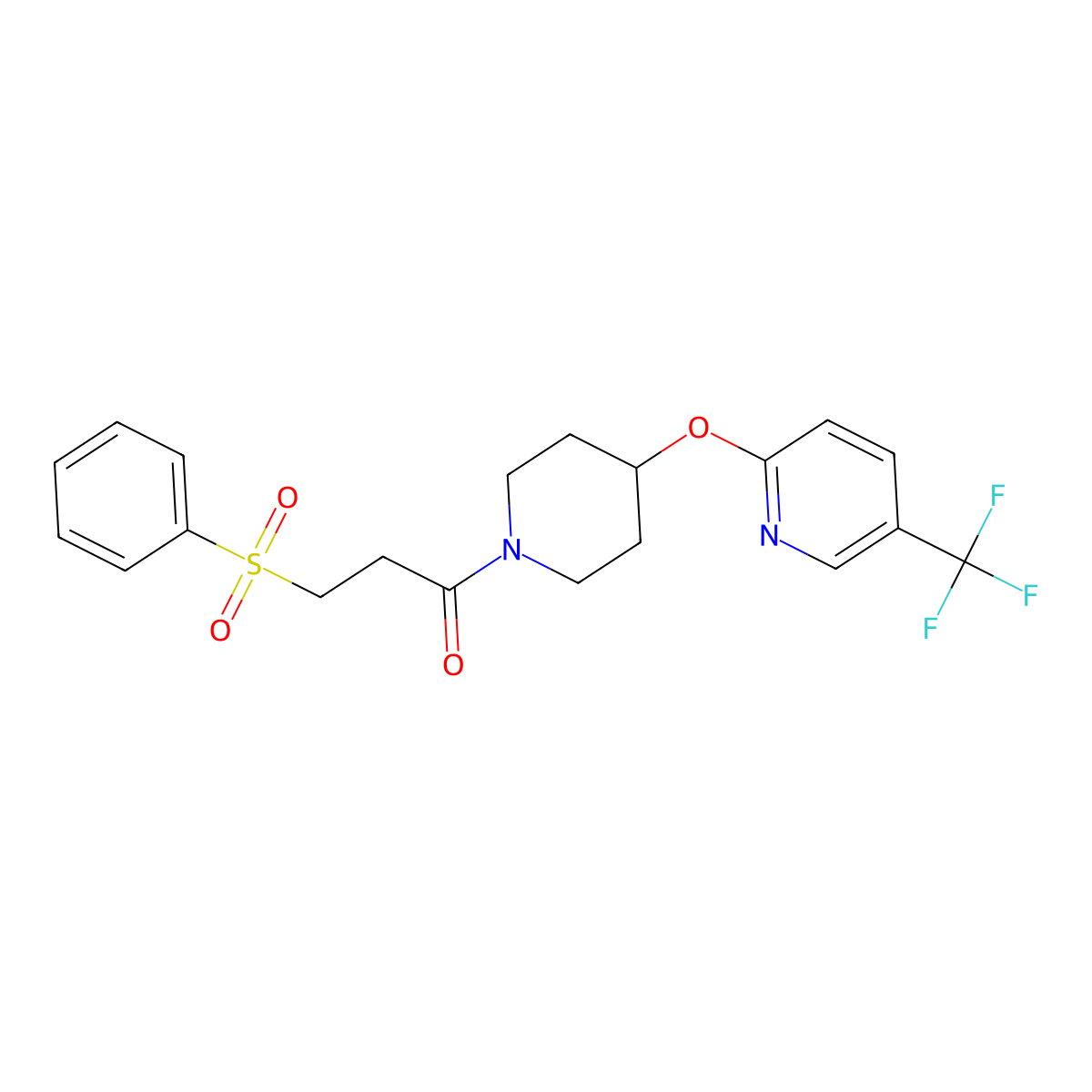 3-(Phenylsulfonyl)-1-(4-((5-(trifluoromethyl)pyridin-2-yl)oxy)piperidin-1-yl)propan-1-one molecular structure, CAS 1421477-43-1