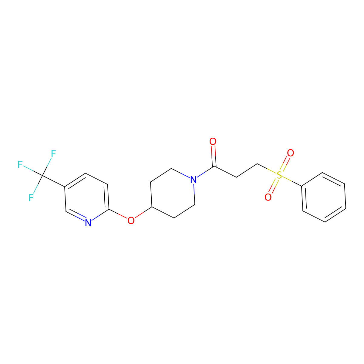 3-(Phenylsulfonyl)-1-(4-((5-(trifluoromethyl)pyridin-2-yl)oxy)piperidin-1-yl)propan-1-one molecular structure, CAS 1421477-43-1