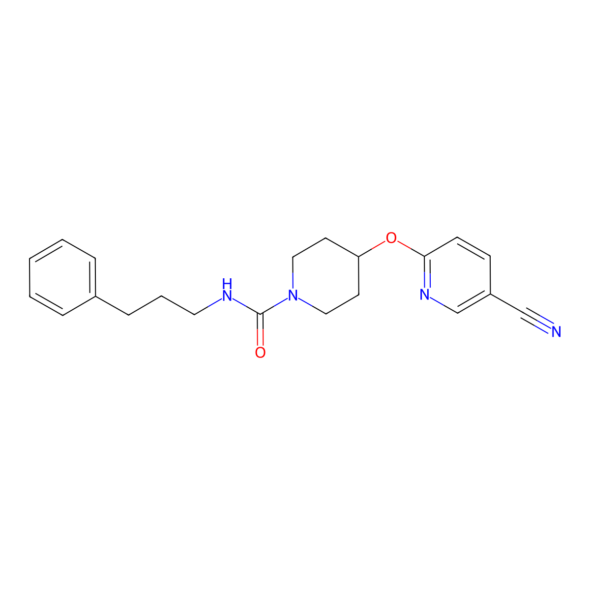 4-((5-cyanopyridin-2-yl)oxy)-N-(3-phenylpropyl)piperidine-1-carboxamide molecular structure, CAS 1421477-99-7