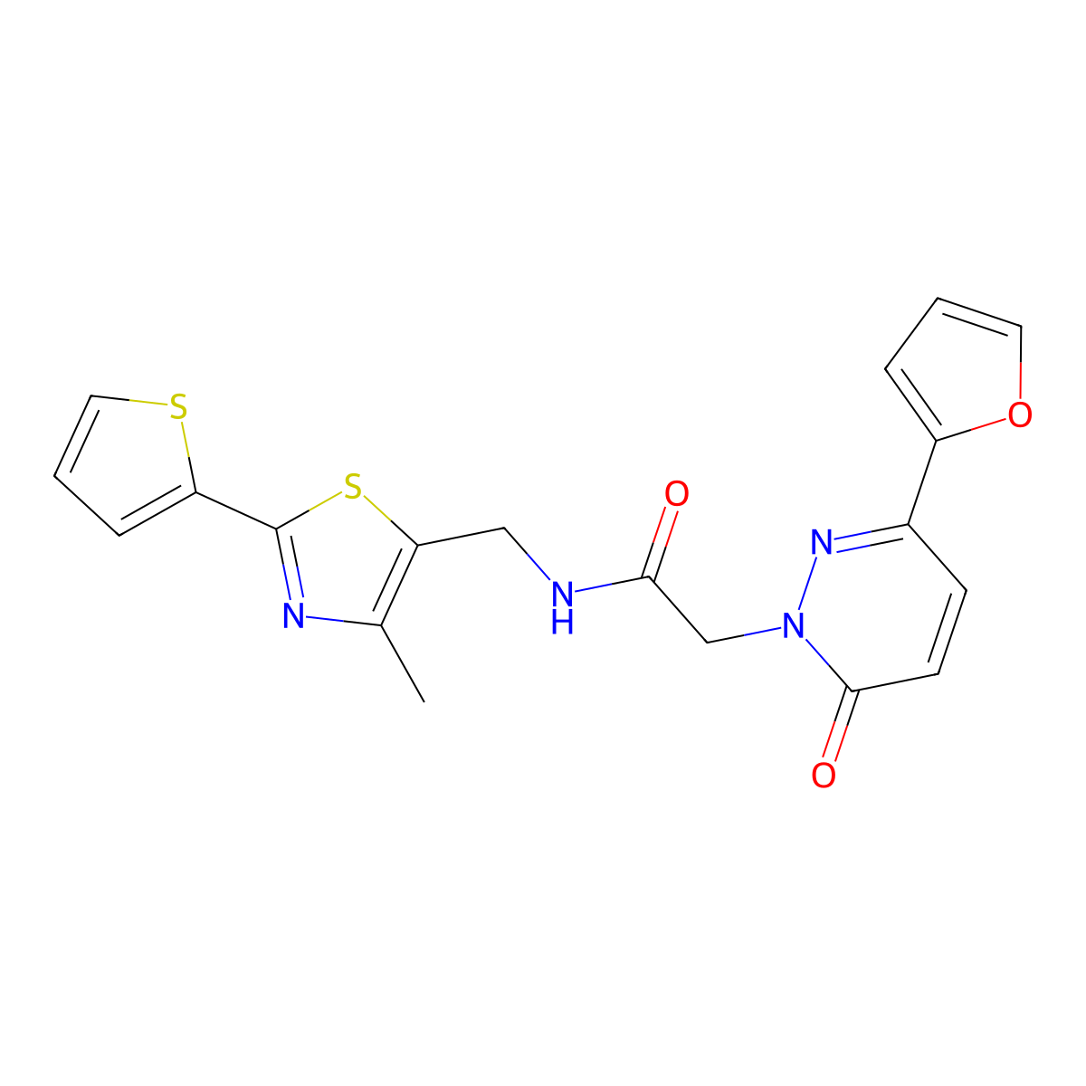 2-(3-(furan-2-yl)-6-oxopyridazin-1(6H)-yl)-N-((4-methyl-2-(thiophen-2-yl)thiazol-5-yl)methyl)acetamide molecular structure, CAS 1421478-01-4
