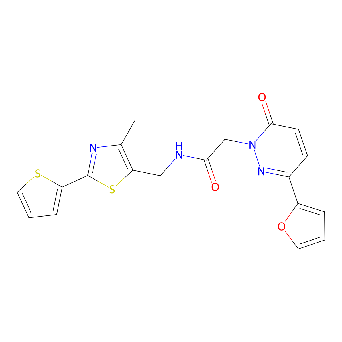 2-(3-(furan-2-yl)-6-oxopyridazin-1(6H)-yl)-N-((4-methyl-2-(thiophen-2-yl)thiazol-5-yl)methyl)acetamide molecular structure, CAS 1421478-01-4