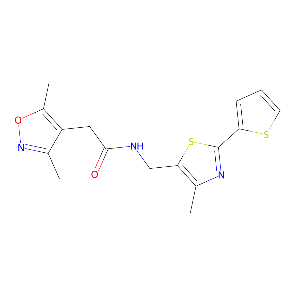 2-(3,5-dimethylisoxazol-4-yl)-N-((4-methyl-2-(thiophen-2-yl)thiazol-5-yl)methyl)acetamide molecular structure, CAS 1421478-12-7