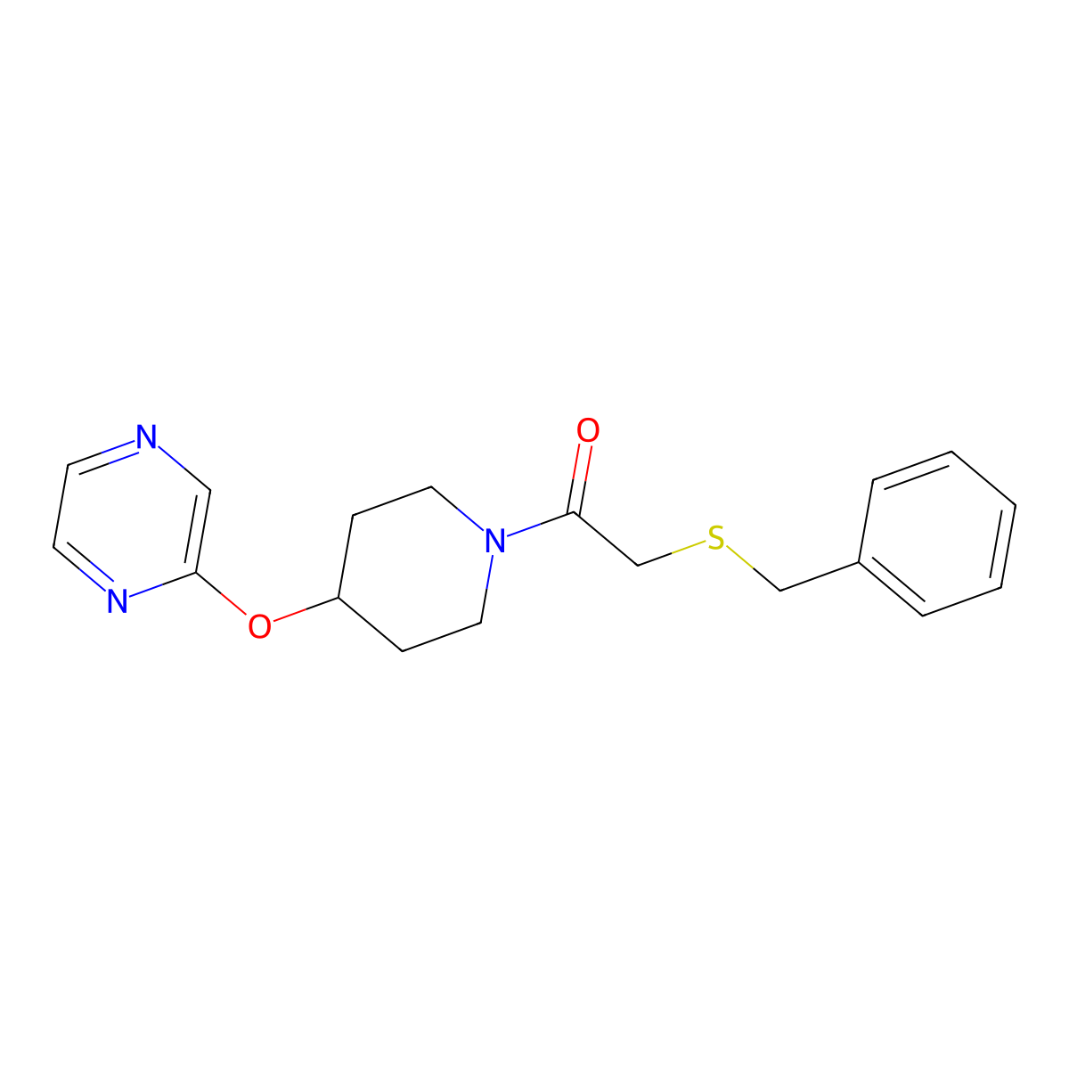 2-(Benzylthio)-1-(4-(pyrazin-2-yloxy)piperidin-1-yl)ethanone molecular structure, CAS 1421478-13-8