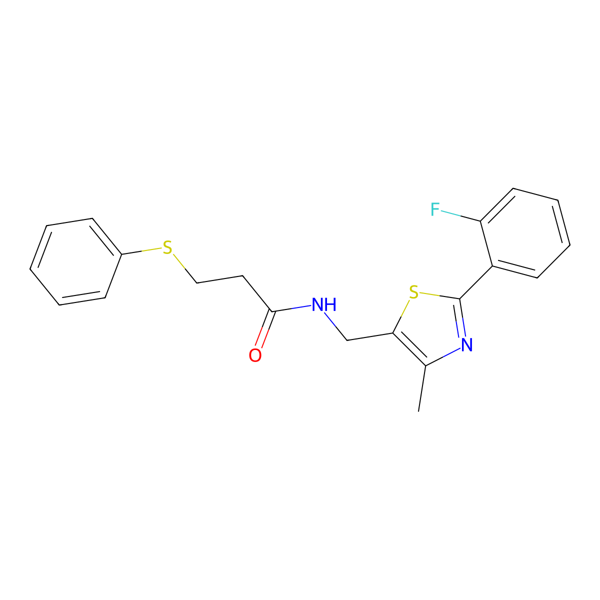 N-((2-(2-fluorophenyl)-4-methylthiazol-5-yl)methyl)-3-(phenylthio)propanamide molecular structure, CAS 1421478-20-7