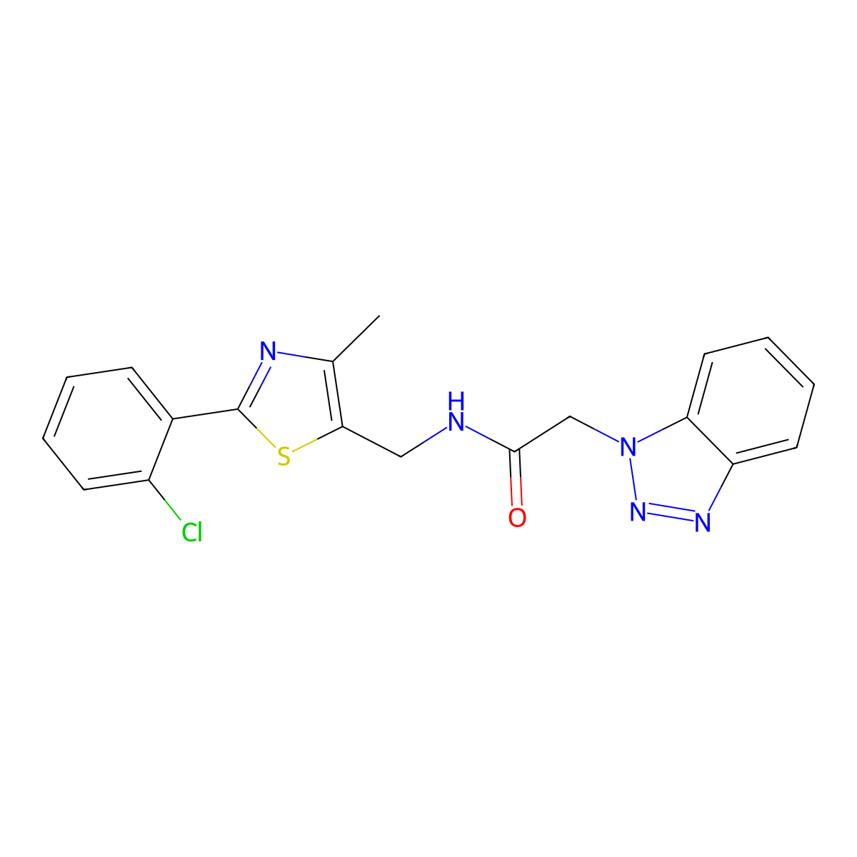 2-(1H-benzo[d][1,2,3]triazol-1-yl)-N-((2-(2-chlorophenyl)-4-methylthiazol-5-yl)methyl)acetamide molecular structure, CAS 1421478-25-2