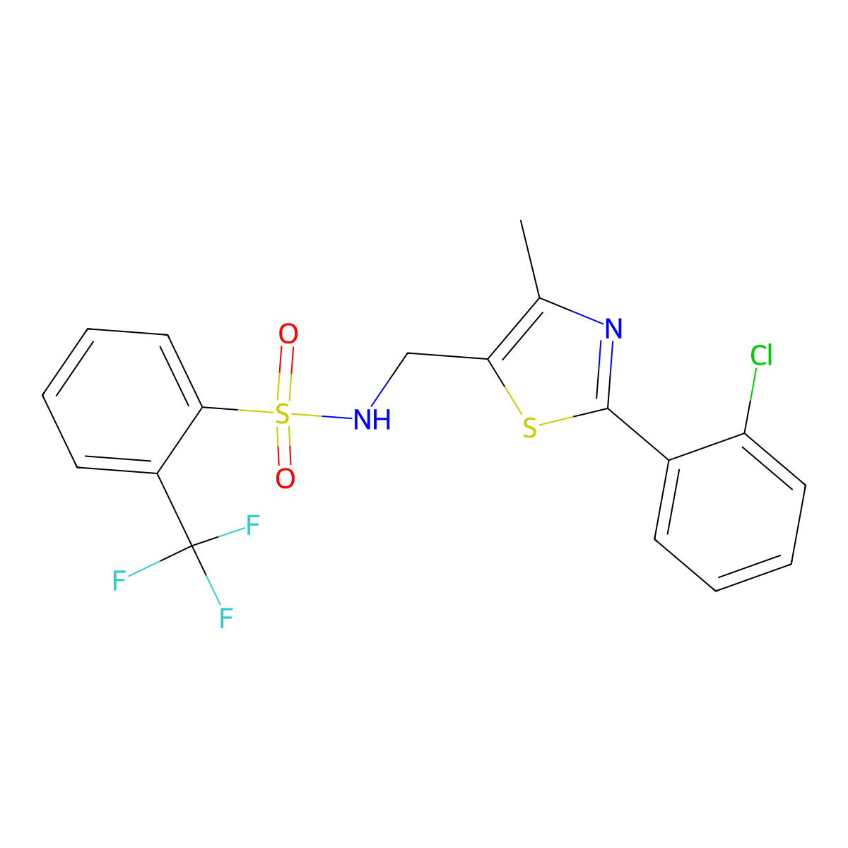 N-((2-(2-chlorophenyl)-4-methylthiazol-5-yl)methyl)-2-(trifluoromethyl)benzenesulfonamide molecular structure, CAS 1421478-34-3