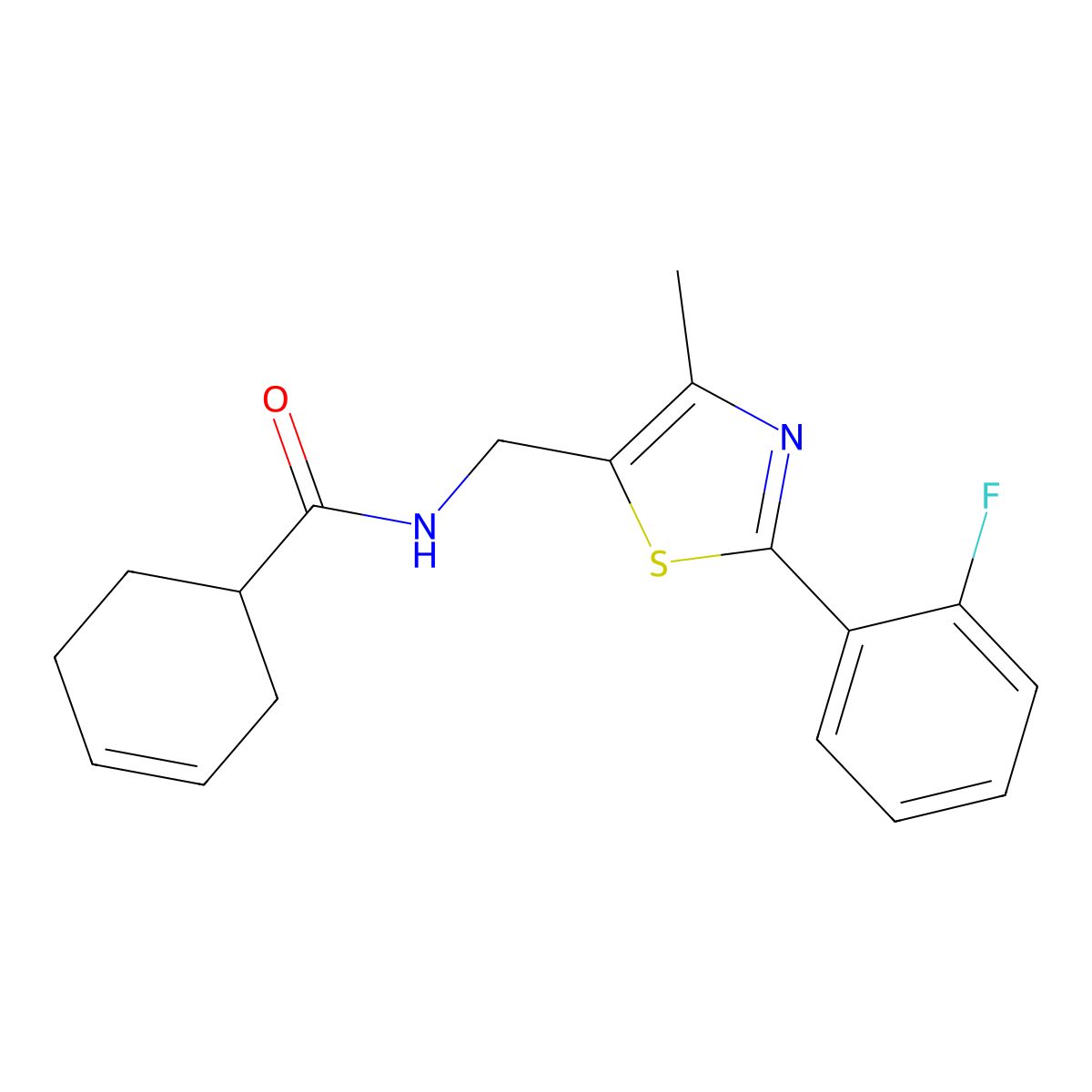 N-{[2-(2-Fluorophenyl)-4-methyl-1,3-thiazol-5-YL]methyl}cyclohex-3-ene-1-carboxamide molecular structure, CAS 1421478-36-5
