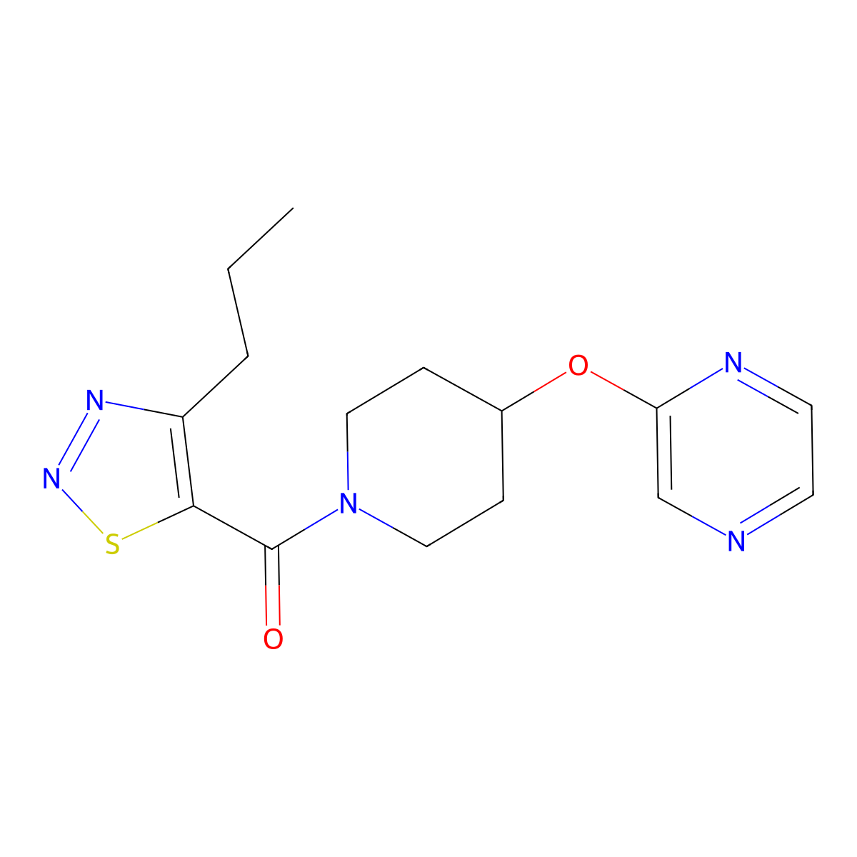 (4-Propyl-1,2,3-thiadiazol-5-yl)(4-(pyrazin-2-yloxy)piperidin-1-yl)methanone molecular structure, CAS 1421478-44-5