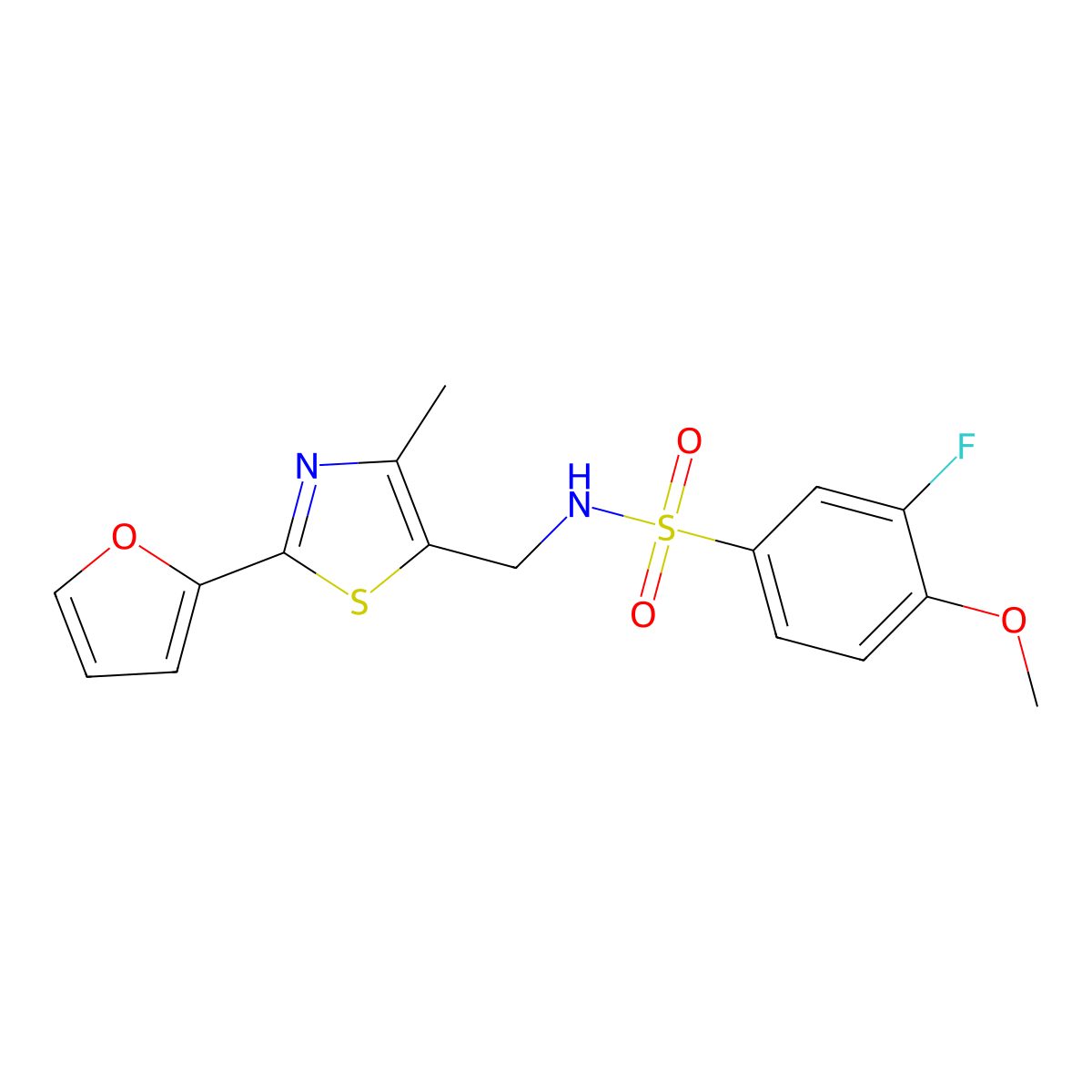 3-fluoro-N-((2-(furan-2-yl)-4-methylthiazol-5-yl)methyl)-4-methoxybenzenesulfonamide molecular structure, CAS 1421480-50-3