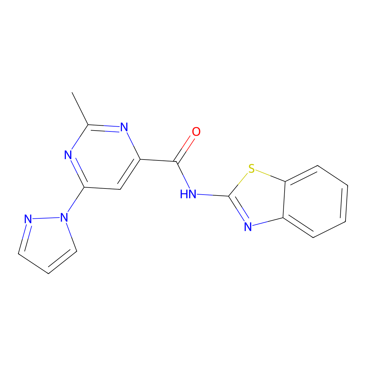 N-(1,3-benzothiazol-2-yl)-2-methyl-6-(1H-pyrazol-1-yl)pyrimidine-4-carboxamide molecular structure, CAS 1421480-54-7