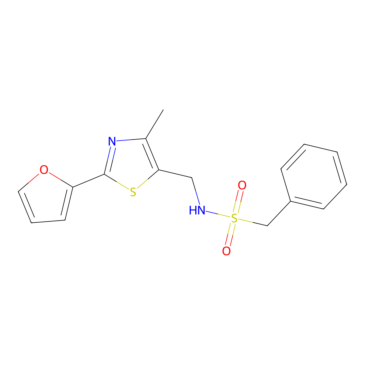 N-((2-(furan-2-yl)-4-methylthiazol-5-yl)methyl)-1-phenylmethanesulfonamide molecular structure, CAS 1421480-55-8