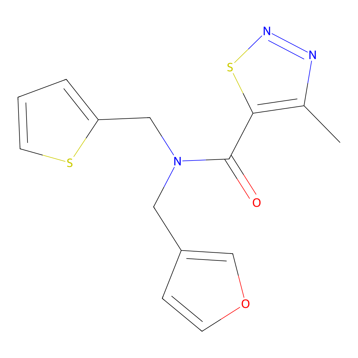 N-(furan-3-ylmethyl)-4-methyl-N-(thiophen-2-ylmethyl)-1,2,3-thiadiazole-5-carboxamide molecular structure, CAS 1421480-59-2