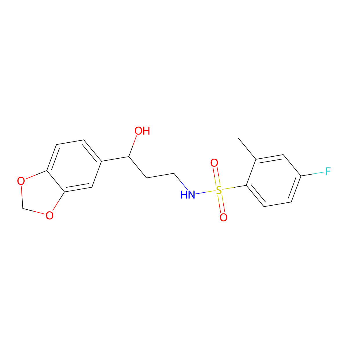 N-(3-(benzo[d][1,3]dioxol-5-yl)-3-hydroxypropyl)-4-fluoro-2-methylbenzenesulfonamide molecular structure, CAS 1421480-75-2
