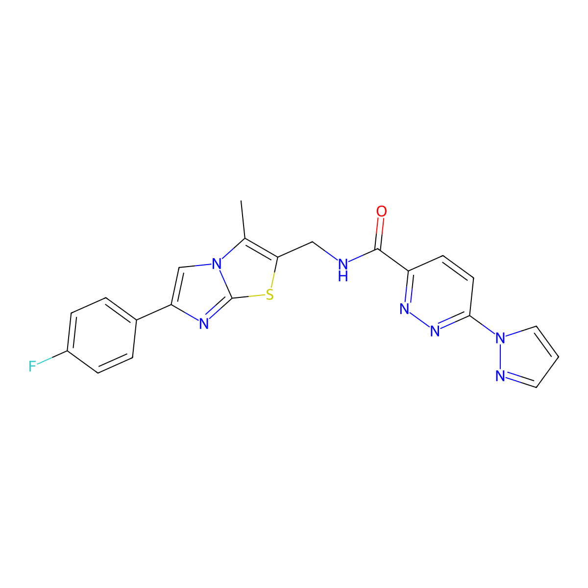 N-((6-(4-fluorophenyl)-3-methylimidazo[2,1-b]thiazol-2-yl)methyl)-6-(1H-pyrazol-1-yl)pyridazine-3-carboxamide molecular structure, CAS 1421480-82-1