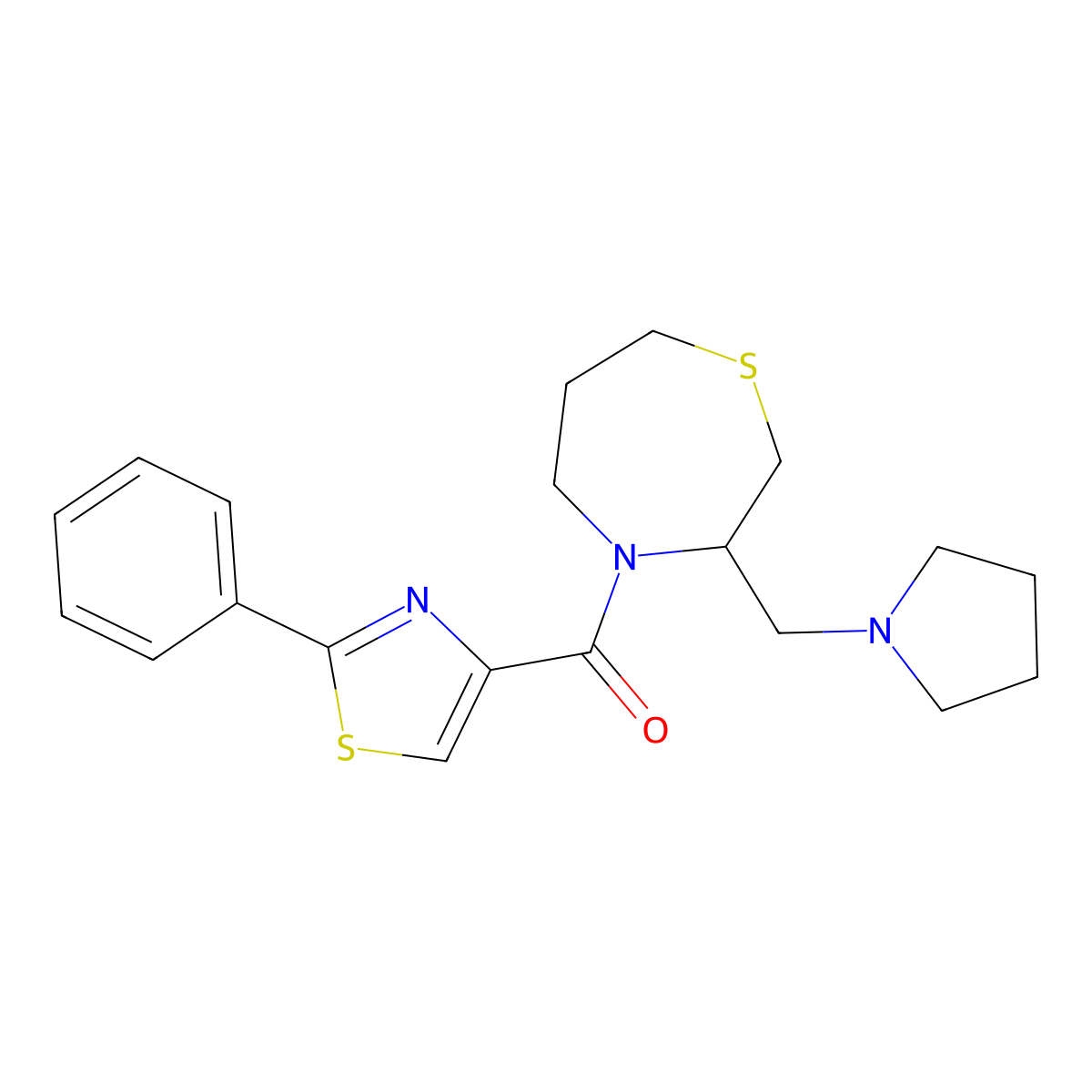 (2-Phenylthiazol-4-yl)(3-(pyrrolidin-1-ylmethyl)-1,4-thiazepan-4-yl)methanone molecular structure, CAS 1421481-12-0