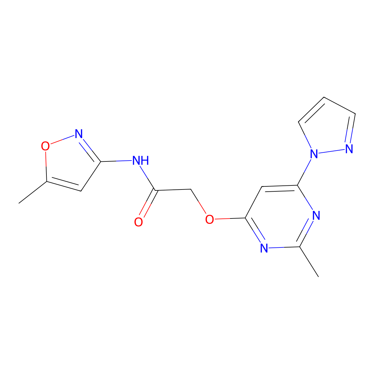 2-((2-methyl-6-(1H-pyrazol-1-yl)pyrimidin-4-yl)oxy)-N-(5-methylisoxazol-3-yl)acetamide molecular structure, CAS 1421481-14-2