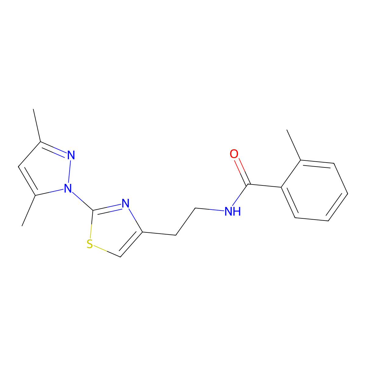 N-(2-(2-(3,5-dimethyl-1H-pyrazol-1-yl)thiazol-4-yl)ethyl)-2-methylbenzamide molecular structure, CAS 1421481-32-4