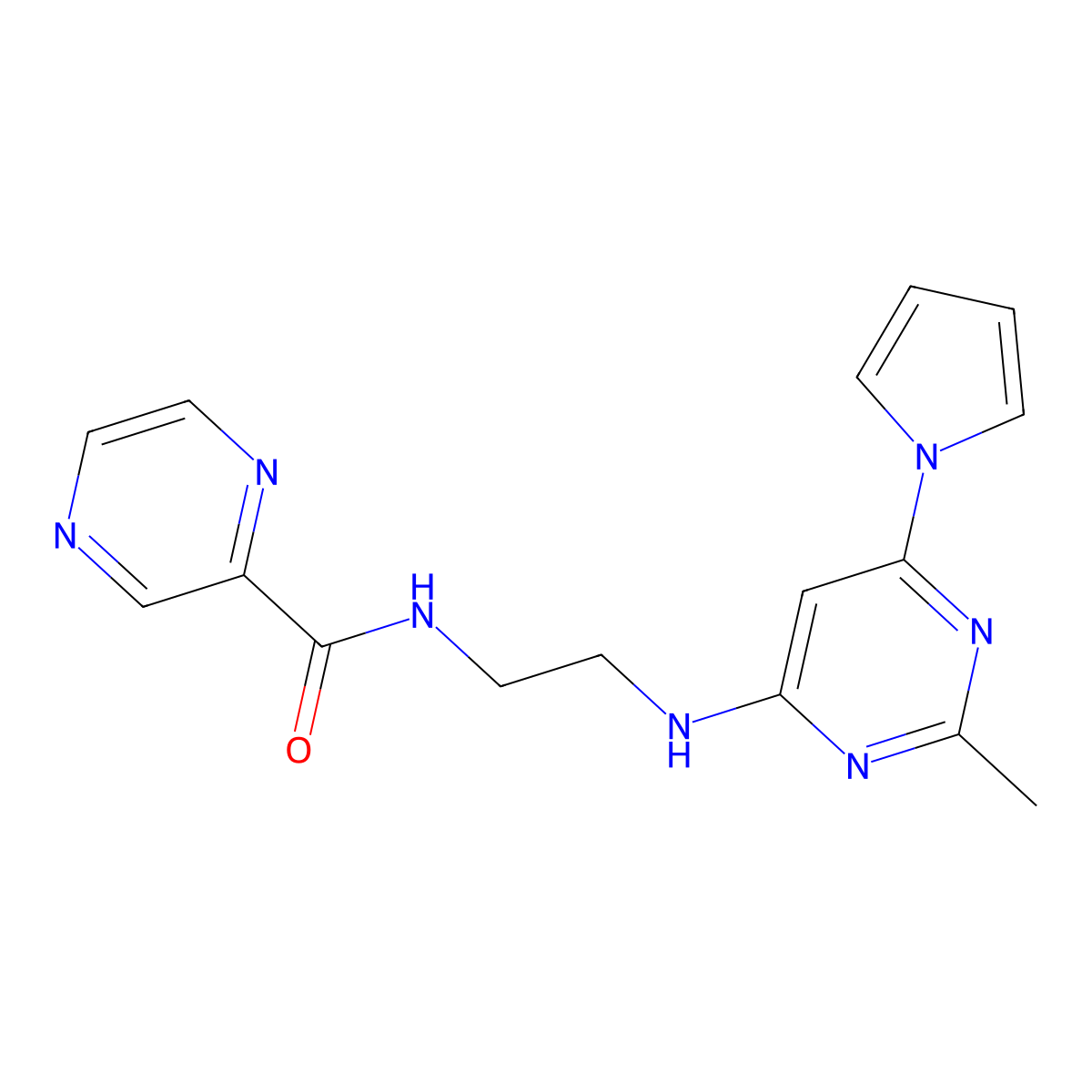 N-(2-{[2-methyl-6-(1H-pyrrol-1-yl)pyrimidin-4-yl]amino}ethyl)pyrazine-2-carboxamide molecular structure, CAS 1421481-33-5