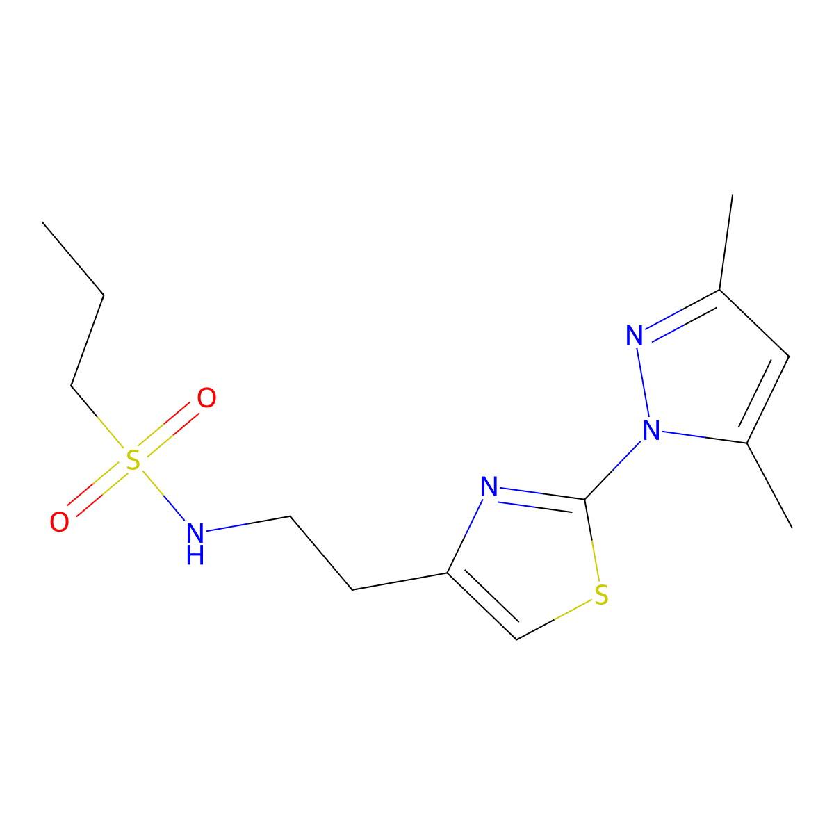 N-(2-(2-(3,5-dimethyl-1H-pyrazol-1-yl)thiazol-4-yl)ethyl)propane-1-sulfonamide molecular structure, CAS 1421481-38-0