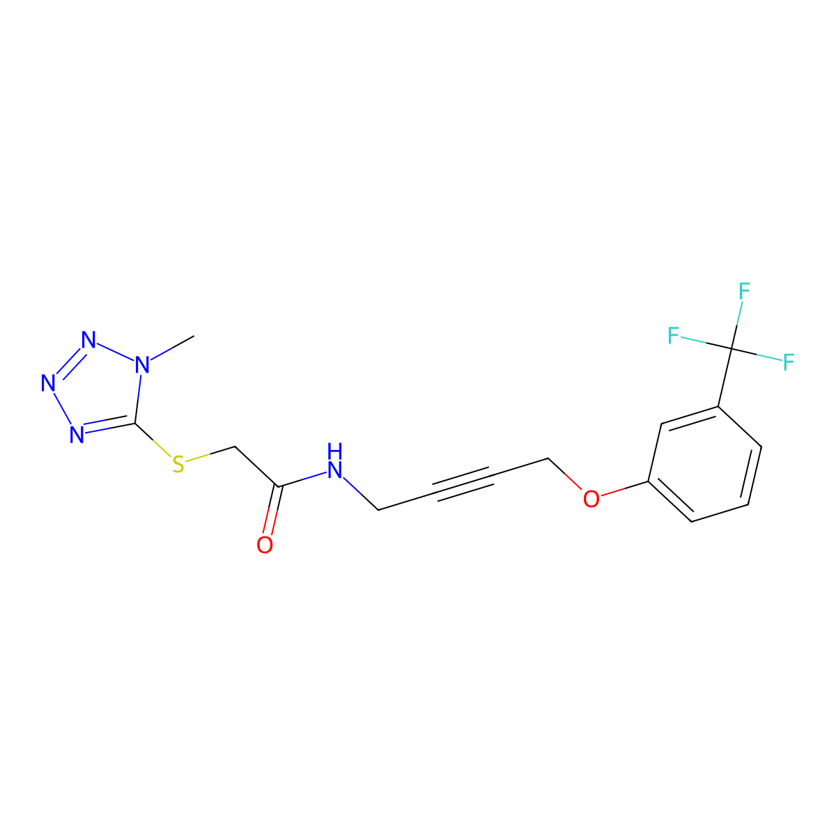 2-((1-methyl-1H-tetrazol-5-yl)thio)-N-(4-(3-(trifluoromethyl)phenoxy)but-2-yn-1-yl)acetamide molecular structure, CAS 1421481-44-8