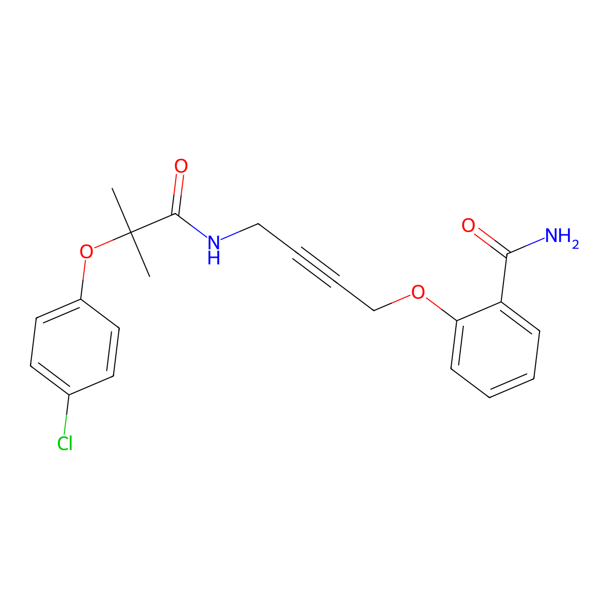 2-({4-[2-(4-Chlorophenoxy)-2-methylpropanamido]but-2-YN-1-YL}oxy)benzamide molecular structure, CAS 1421481-50-6