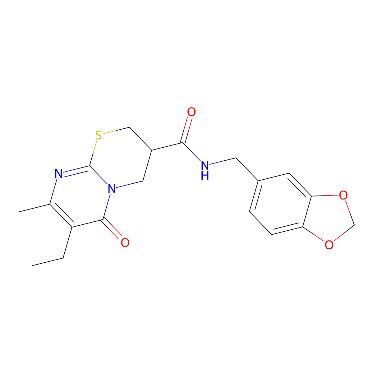 N-(benzo[d][1,3]dioxol-5-ylmethyl)-7-ethyl-8-methyl-6-oxo-2,3,4,6-tetrahydropyrimido[2,1-b][1,3]thiazine-3-carboxamide molecular structure, CAS 1421481-51-7