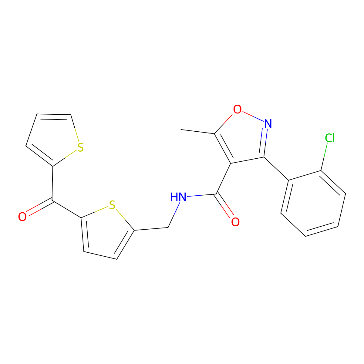 3-(2-chlorophenyl)-5-methyl-N-((5-(thiophene-2-carbonyl)thiophen-2-yl)methyl)isoxazole-4-carboxamide molecular structure, CAS 1421481-55-1