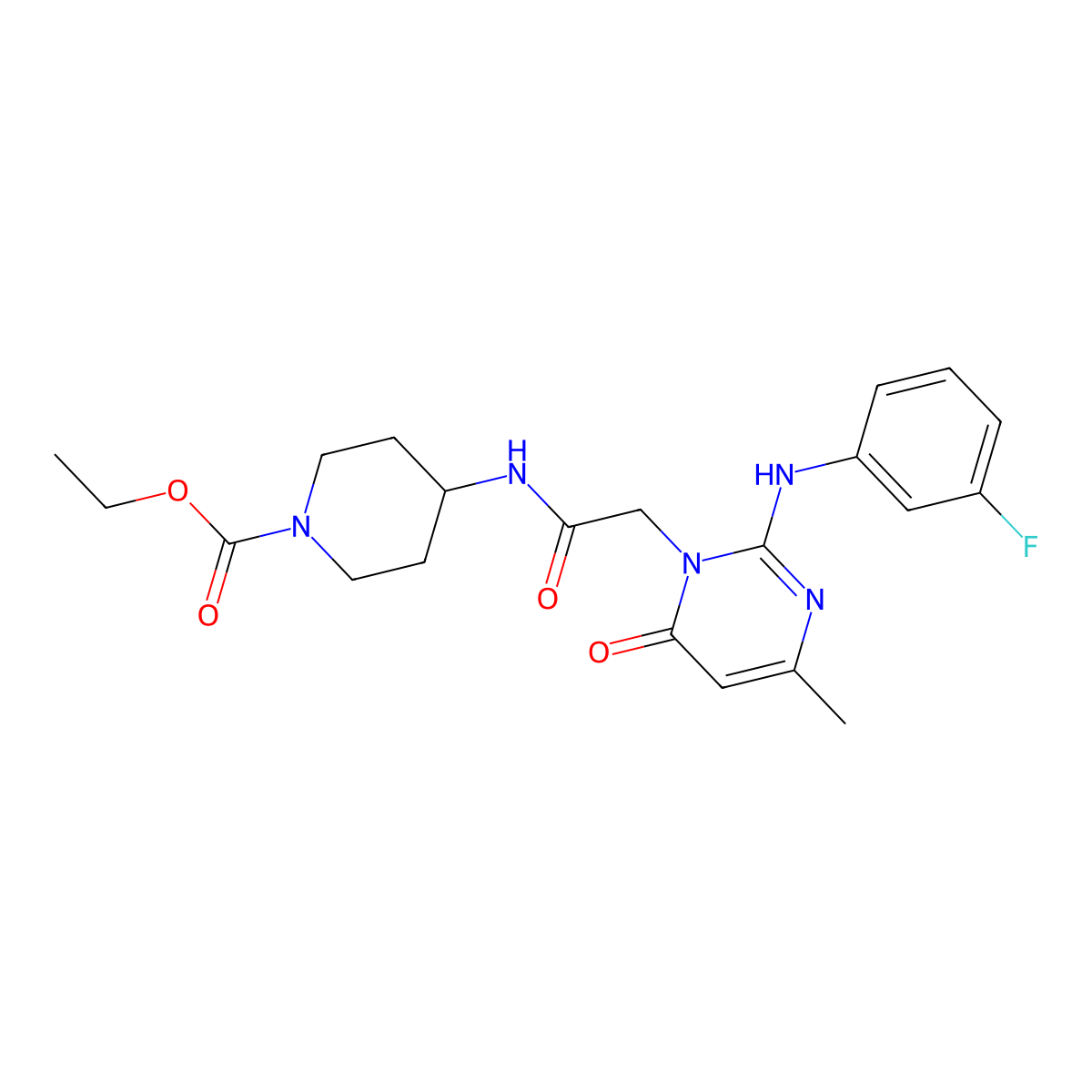 ethyl 4-(2-(2-((3-fluorophenyl)amino)-4-methyl-6-oxopyrimidin-1(6H)-yl)acetamido)piperidine-1-carboxylate molecular structure, CAS 1421481-70-0