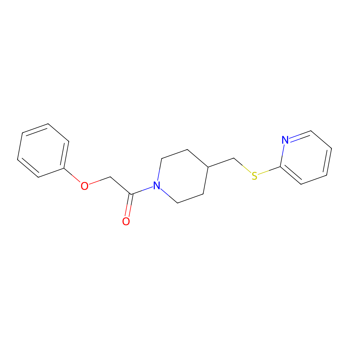 2-Phenoxy-1-{4-[(pyridin-2-ylsulfanyl)methyl]piperidin-1-yl}ethan-1-one molecular structure, CAS 1421482-01-0